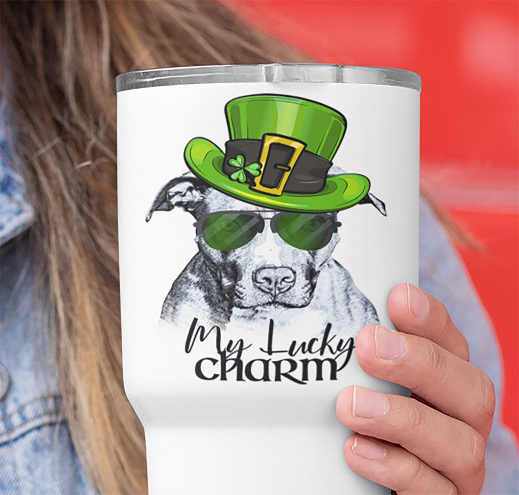 COOL LUCKY CHARM PIT BULL WHITE STAINLESS STEEL TUMBLER - BIG 30 oz. size