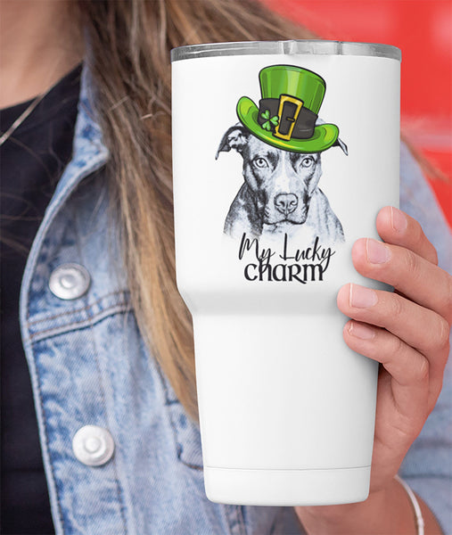 MY LUCKY CHARM PIT BULL WHITE STAINLESS STEEL TUMBLER - BIG 30 oz. size