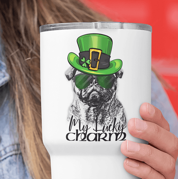 COOL LUCKY CHARM PUG WHITE STAINLESS STEEL TUMBLER - BIG 30 oz. size