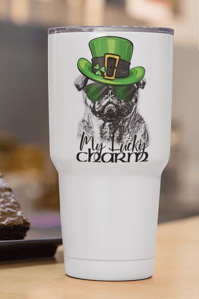 COOL LUCKY CHARM PUG WHITE STAINLESS STEEL TUMBLER - BIG 30 oz. size