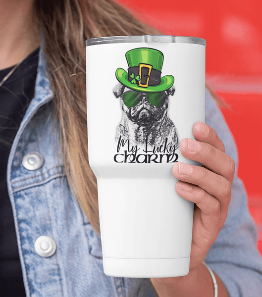 COOL LUCKY CHARM PUG WHITE STAINLESS STEEL TUMBLER - BIG 30 oz. size
