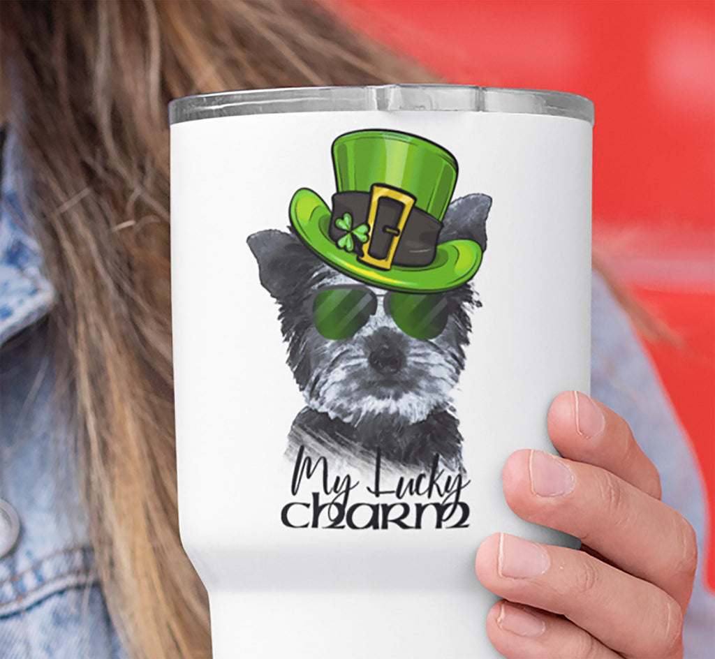 COOL LUCKY CHARM YORKIE WHITE STAINLESS STEEL TUMBLER - BIG 30 oz. size
