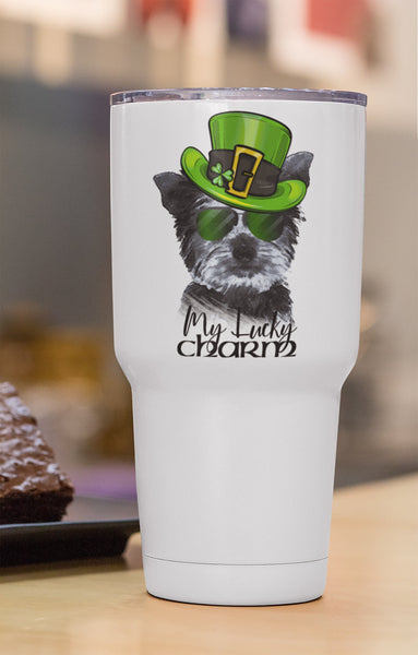 COOL LUCKY CHARM YORKIE WHITE STAINLESS STEEL TUMBLER - BIG 30 oz. size
