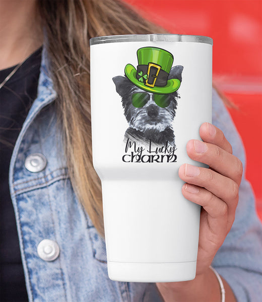 COOL LUCKY CHARM YORKIE WHITE STAINLESS STEEL TUMBLER - BIG 30 oz. size
