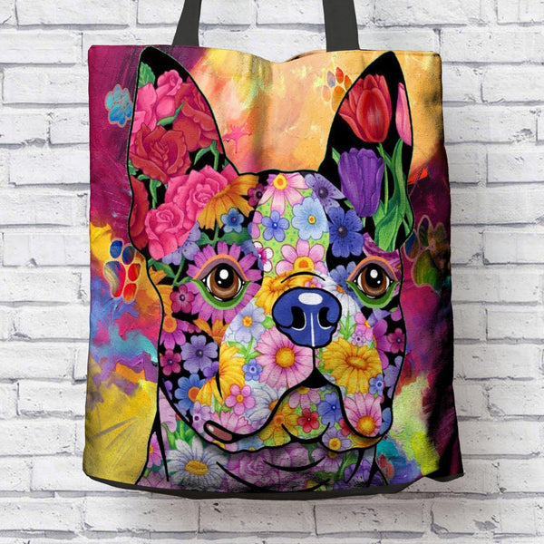 FABULOUS FLOWER BOSTON TERRIER CANVAS TOTE - NEW BIGGER SIZE