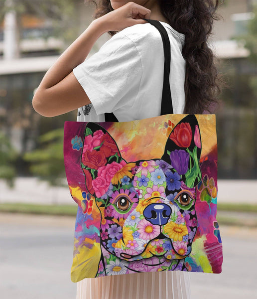 FABULOUS FLOWER BOSTON TERRIER CANVAS TOTE - NEW BIGGER SIZE