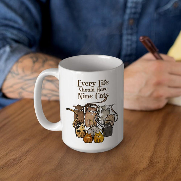 SUPER CUTE 9 CATS White Mug - BIG 15 oz. size