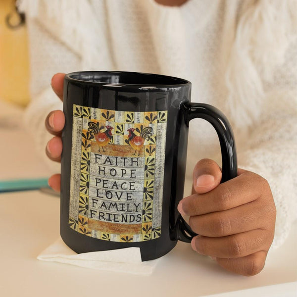 PEACE LOVE FAMILY Black Mug - BIG 15 oz. size