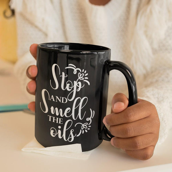 SMELL THE OILS Black Mug - BIG 15 oz. size