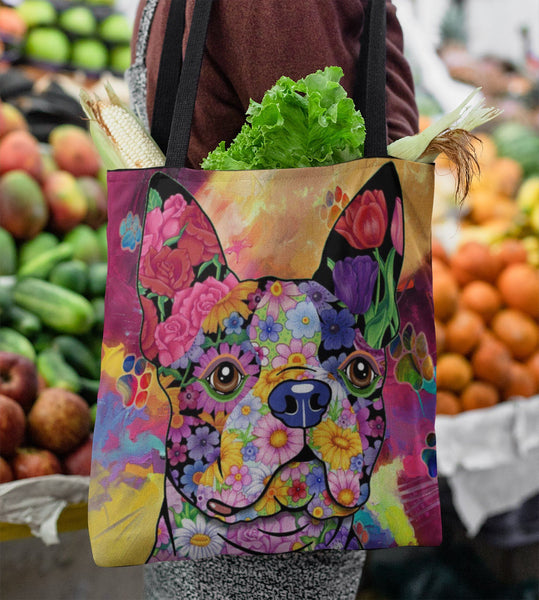 FABULOUS FLOWER BOSTON TERRIER CANVAS TOTE - NEW BIGGER SIZE