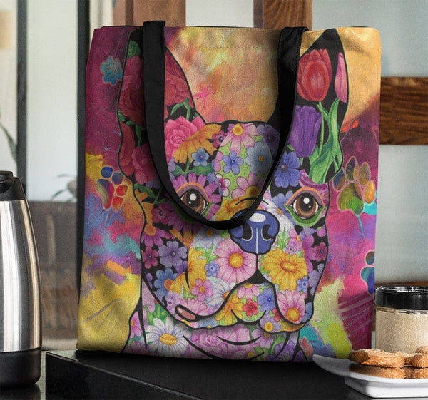 FABULOUS FLOWER BOSTON TERRIER CANVAS TOTE - NEW BIGGER SIZE