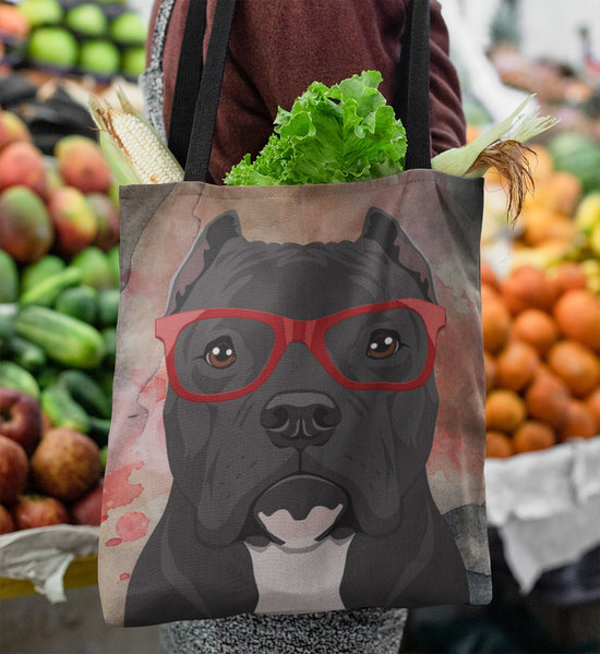 COOL HIPSTER PIT BULL CANVAS TOTE - CROPPED EARS - NEW BIGGER SIZE