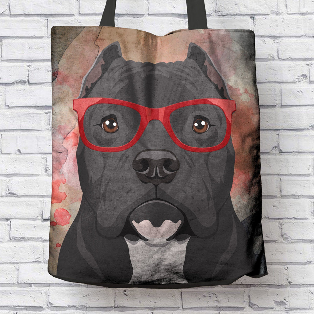 COOL HIPSTER PIT BULL CANVAS TOTE - CROPPED EARS - NEW BIGGER SIZE