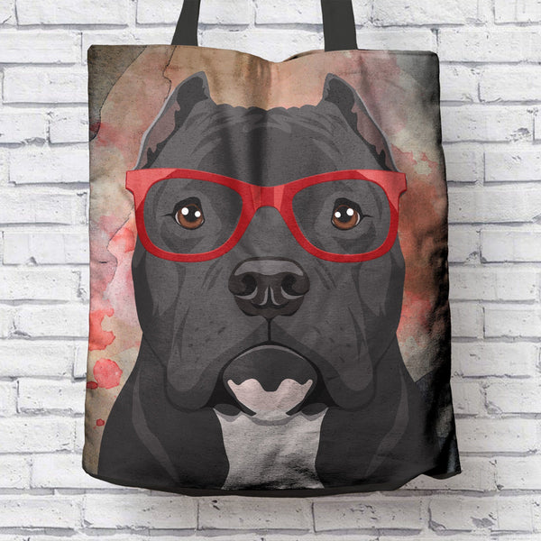 COOL HIPSTER PIT BULL CANVAS TOTE - CROPPED EARS - NEW BIGGER SIZE