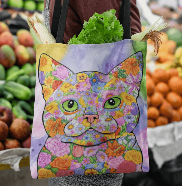 FABULOUS FLOWER CAT CANVAS TOTE - NEW BIGGER SIZE