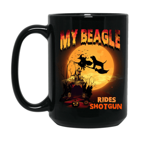 FUN HALLOWEEN BEAGLE RIDES SHOTGUN Black Mug - BIG 15 oz. size