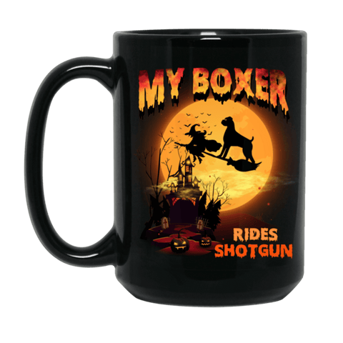 FUN HALLOWEEN BOXER RIDES SHOTGUN Black Mug - BIG 15 oz. size