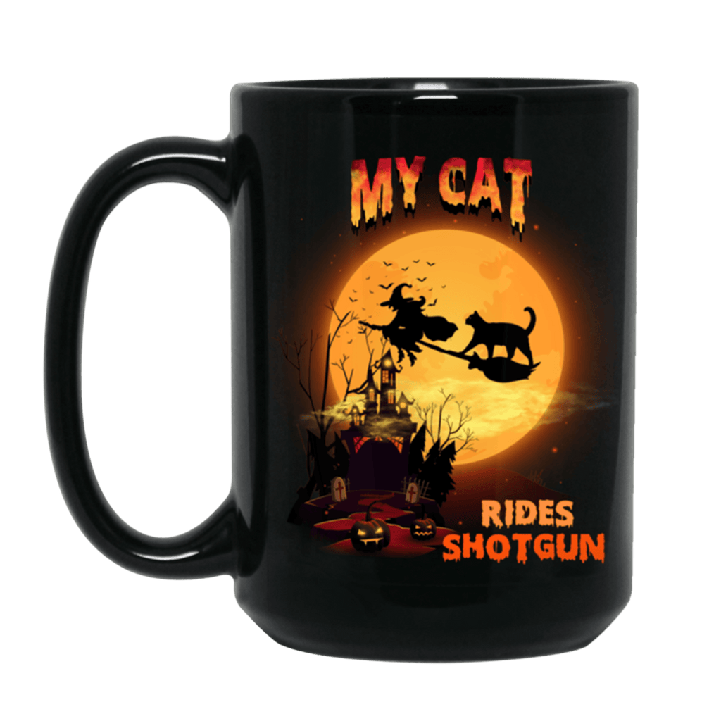 FUN HALLOWEEN CAT RIDES SHOTGUN Black Mug - BIG 15 oz. size