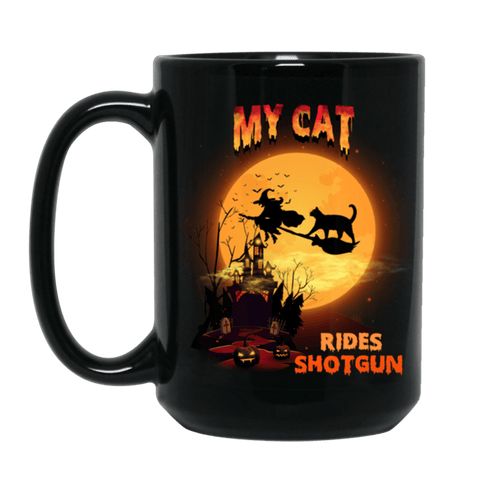 FUN HALLOWEEN CAT RIDES SHOTGUN Black Mug - BIG 15 oz. size