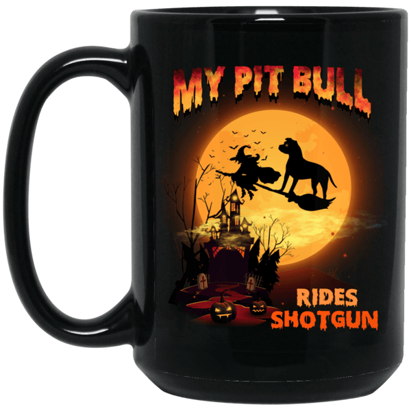 FUN HALLOWEEN PIT BULL RIDES SHOTGUN Black Mug - BIG 15 oz. size