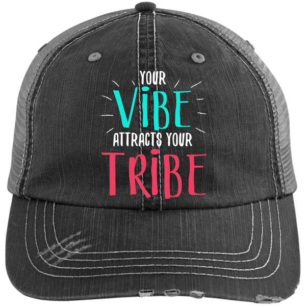 EMBROIDERED VIBE Distressed Unstructured Trucker Cap