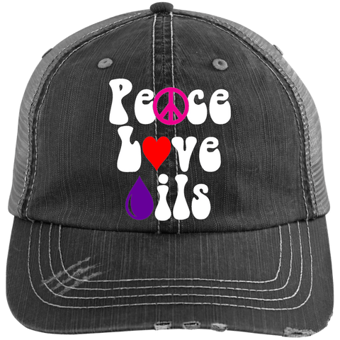 EMBROIDERED PEACE LOVE OILS Distressed Unstructured Trucker Cap