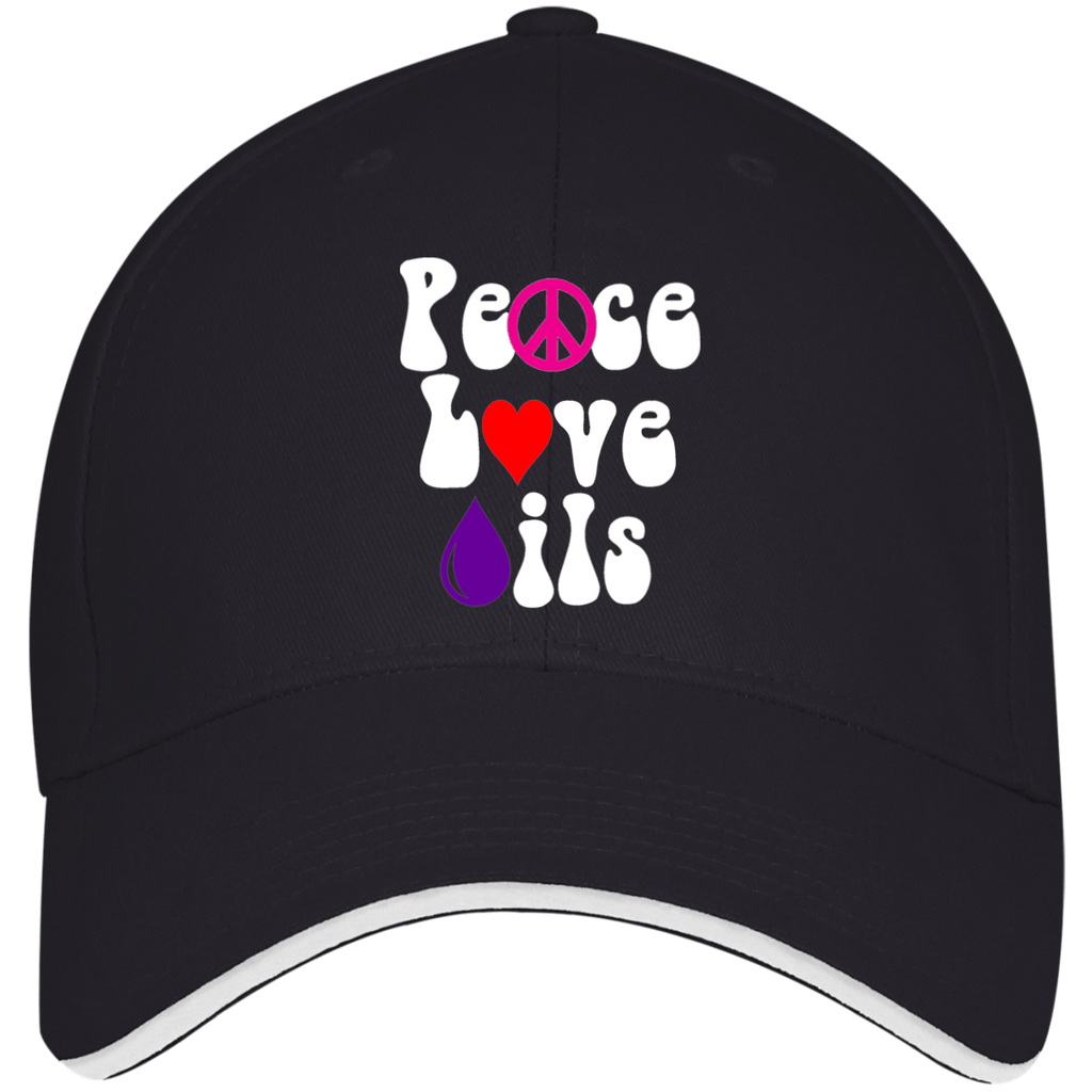 EMBROIDERED PEACE LOVE OILS Bayside USA Made Structured Twill Cap With Sandwich Visor