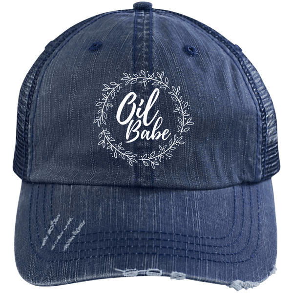 EMBROIDERED OIL BABE Distressed Unstructured Trucker Cap