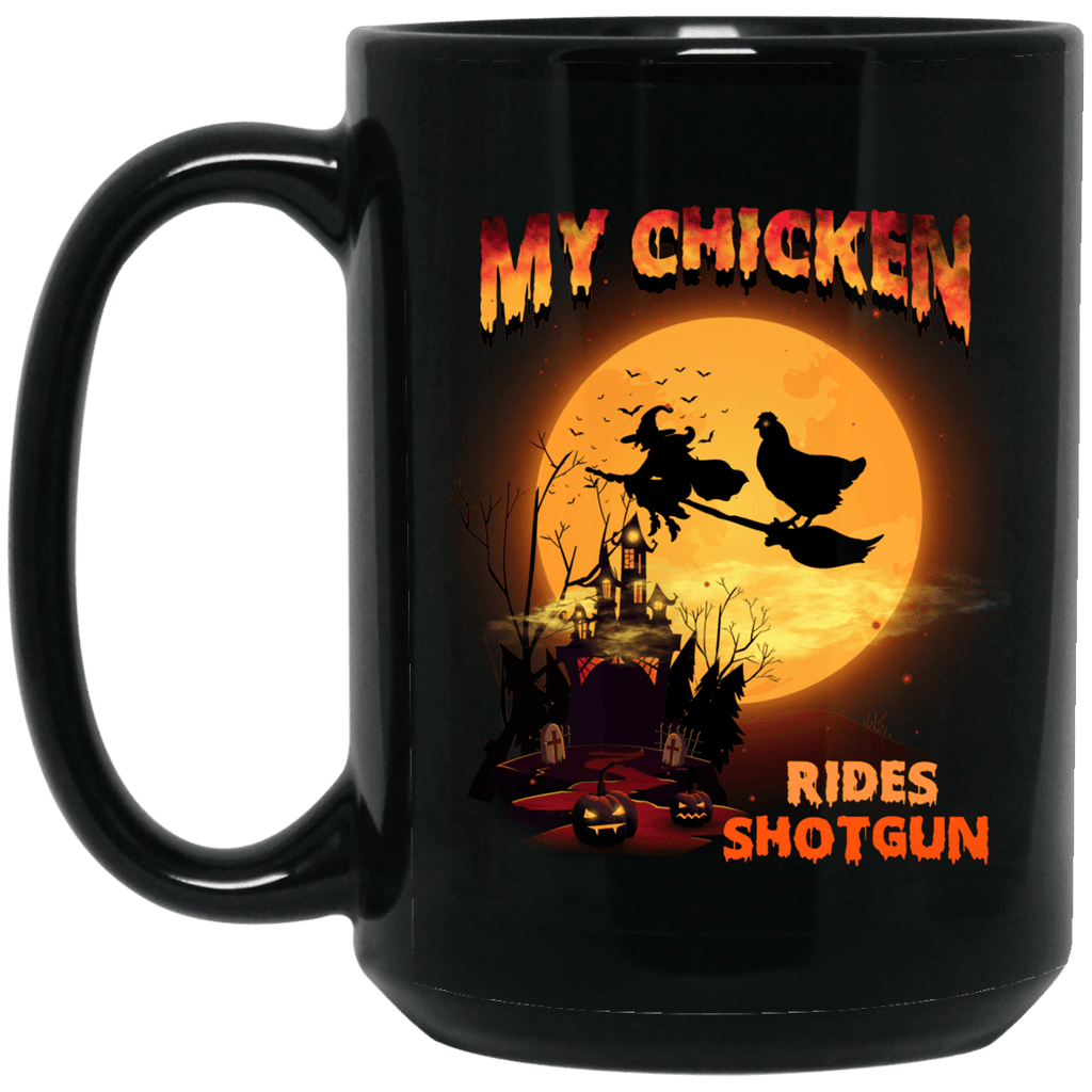 FUN HALLOWEEN CHICKEN RIDES SHOTGUN Black Mug - BIG 15 oz. size