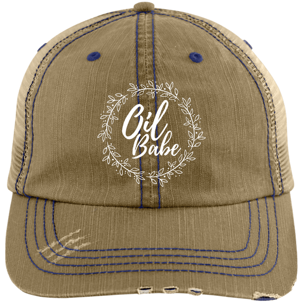 EMBROIDERED OIL BABE Distressed Unstructured Trucker Cap