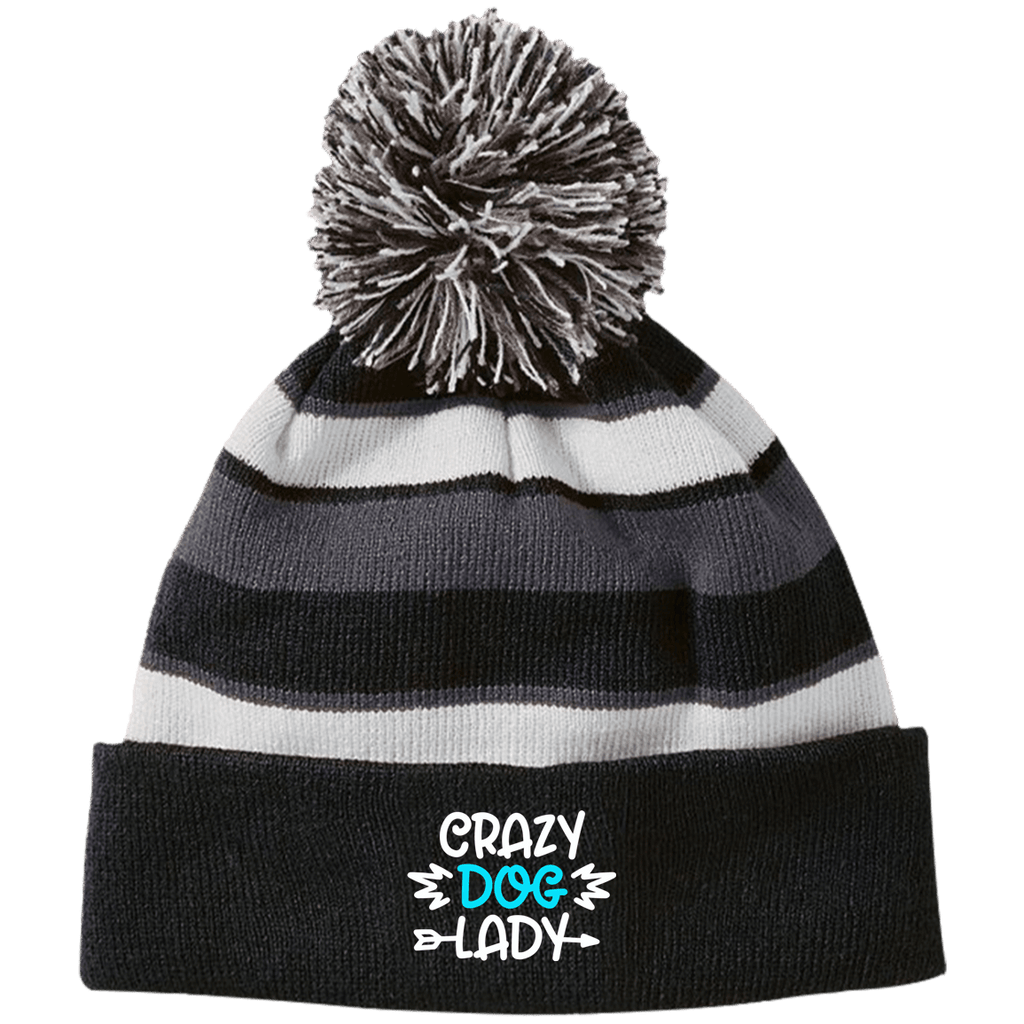 CRAZY DOG LADY Holloway Striped Beanie with Pom - EMBROIDERED design