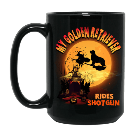 FUN HALLOWEEN GOLDEN RETRIEVER RIDES SHOTGUN Black Mug - BIG 15 oz. size