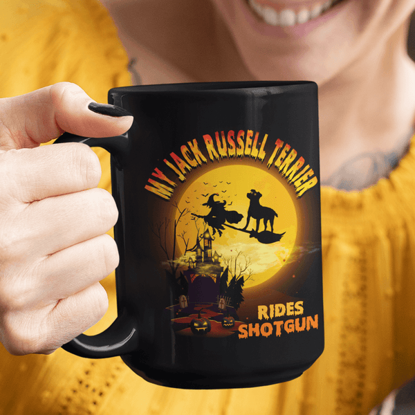 FUN HALLOWEEN JACK RUSSELL RIDES SHOTGUN Black Mug - BIG 15 oz. size