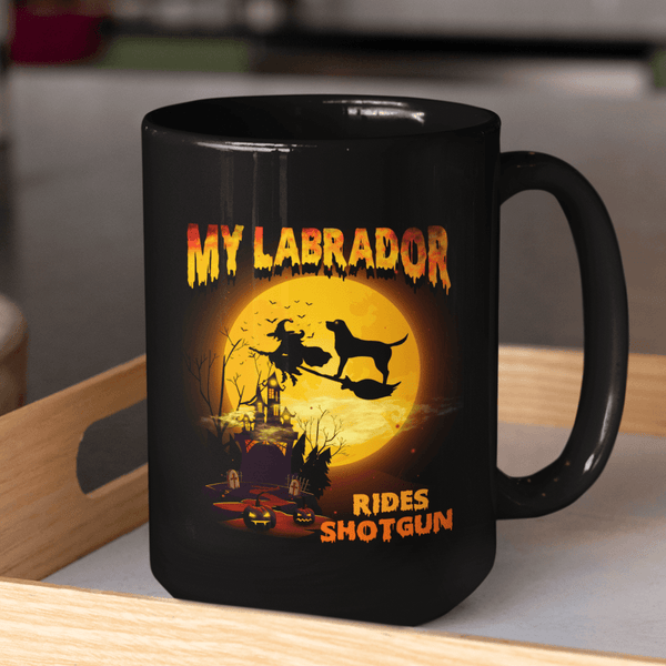 FUN HALLOWEEN LABRADOR RIDES SHOTGUN Black Mug - BIG 15 oz. size