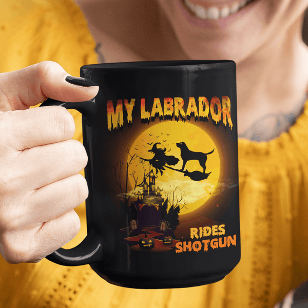 FUN HALLOWEEN LABRADOR RIDES SHOTGUN Black Mug - BIG 15 oz. size
