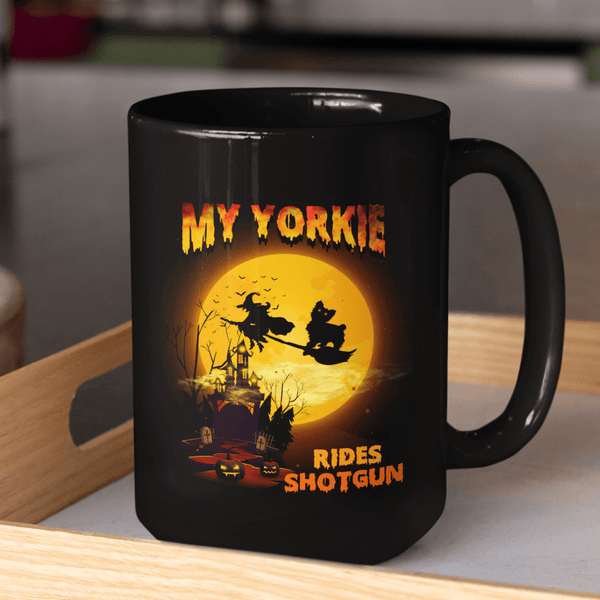 FUN HALLOWEEN YORKIE RIDES SHOTGUN Black Mug - BIG 15 oz. size