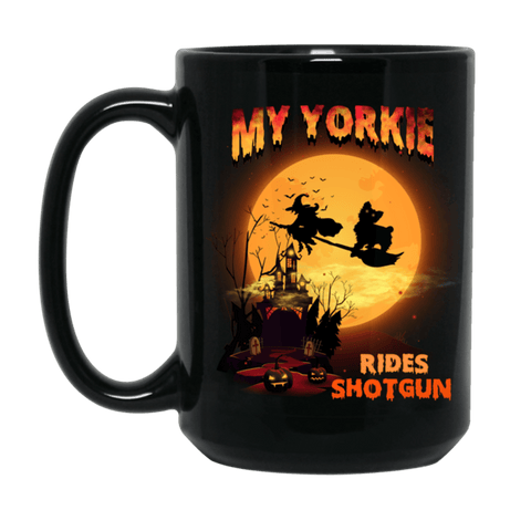 FUN HALLOWEEN YORKIE RIDES SHOTGUN Black Mug - BIG 15 oz. size