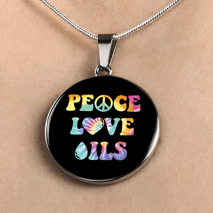 AWESOME SURGICAL STRENGTH STAINLESS STEEL "PEACE LOVE OILS" NECKLACE AND BANGLE BRACELET