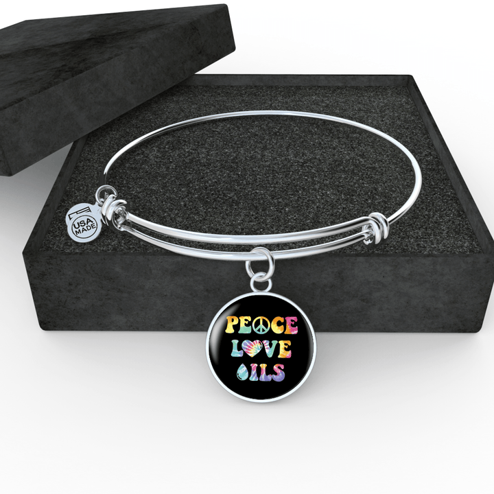 AWESOME SURGICAL STRENGTH STAINLESS STEEL "PEACE LOVE OILS" NECKLACE AND BANGLE BRACELET