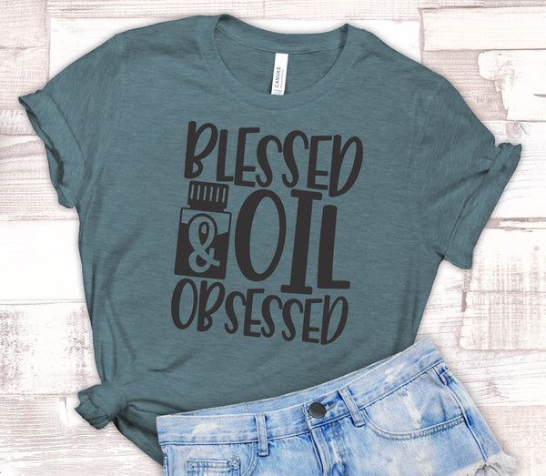 FUN BLESSED OIL OBSESSED UNISEX TEES - UP TO 4XL - BEAUTIFUL HEATHER COLORS