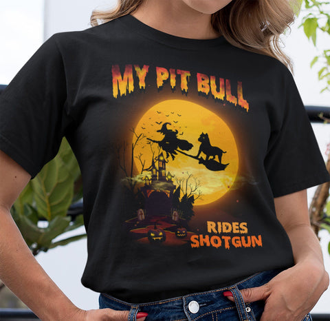 FUN HALLOWEEN CROPPED EARS PIT BULL RIDES SHOTGUN TEES - UP TO 4XL - 3 COLORS