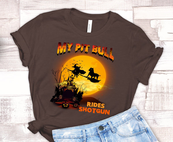 FUN HALLOWEEN CROPPED EARS PIT BULL RIDES SHOTGUN TEES - UP TO 4XL - 3 COLORS