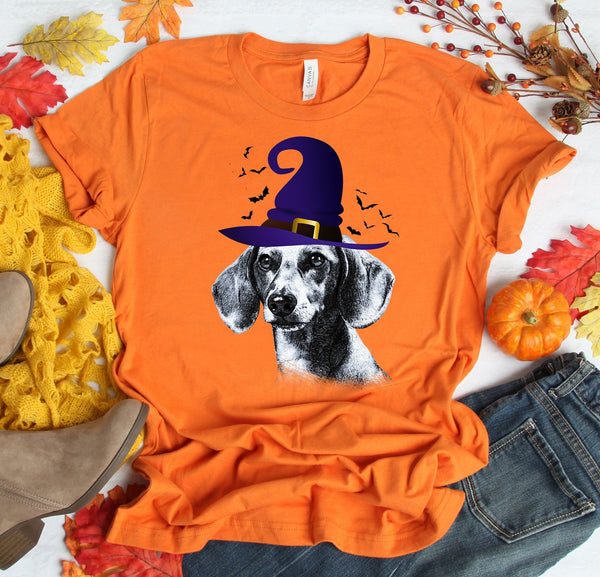 FUN HALLOWEEN DACHSHUND WITCH HAT TEES - UP TO 4XL - 4 COLORS