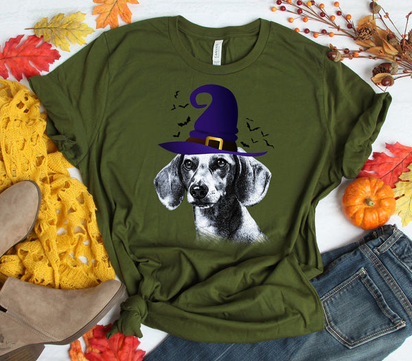FUN HALLOWEEN DACHSHUND WITCH HAT TEES - UP TO 4XL - 4 COLORS