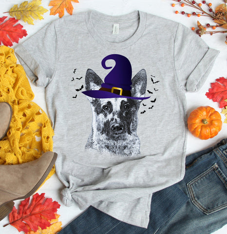 FUN HALLOWEEN GERMAN SHEPHERD WITCH HAT TEES - UP TO 4XL - 4 COLORS