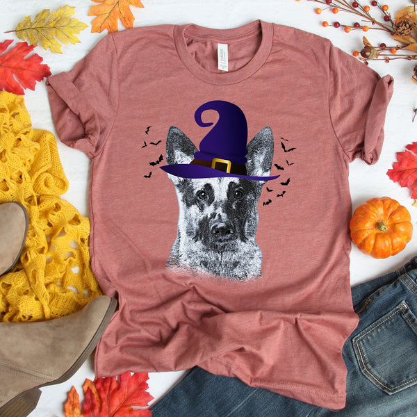 FUN HALLOWEEN GERMAN SHEPHERD WITCH HAT TEES - UP TO 4XL - 4 COLORS