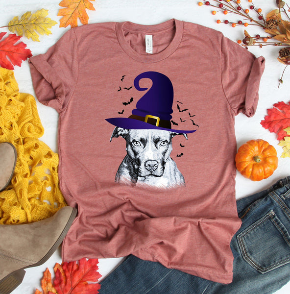 FUN HALLOWEEN PIT BULL WITCH HAT TEES - UP TO 4XL - 4 COLORS