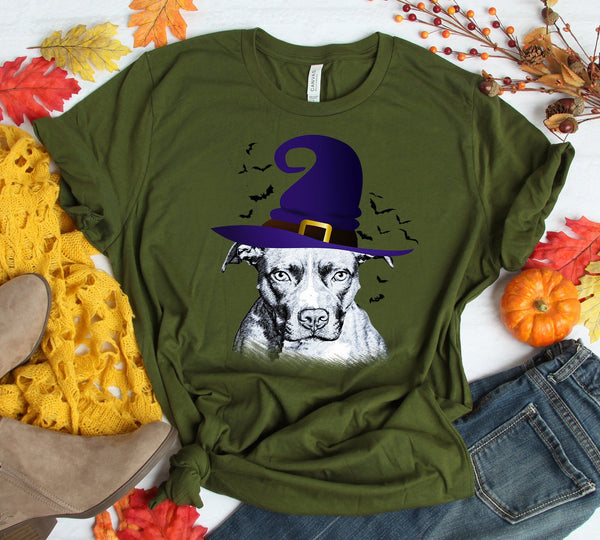 FUN HALLOWEEN PIT BULL WITCH HAT TEES - UP TO 4XL - 4 COLORS