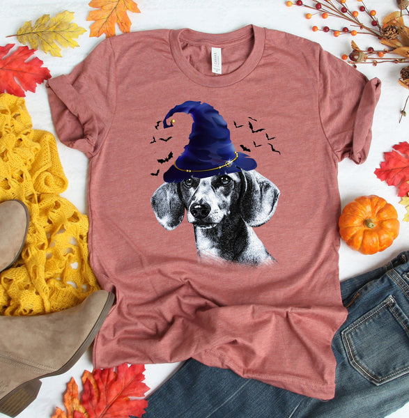 FUN HALLOWEEN DACHSHUND WIZARD HAT TEES - UP TO 4XL - 4 COLORS