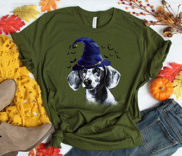 FUN HALLOWEEN DACHSHUND WIZARD HAT TEES - UP TO 4XL - 4 COLORS